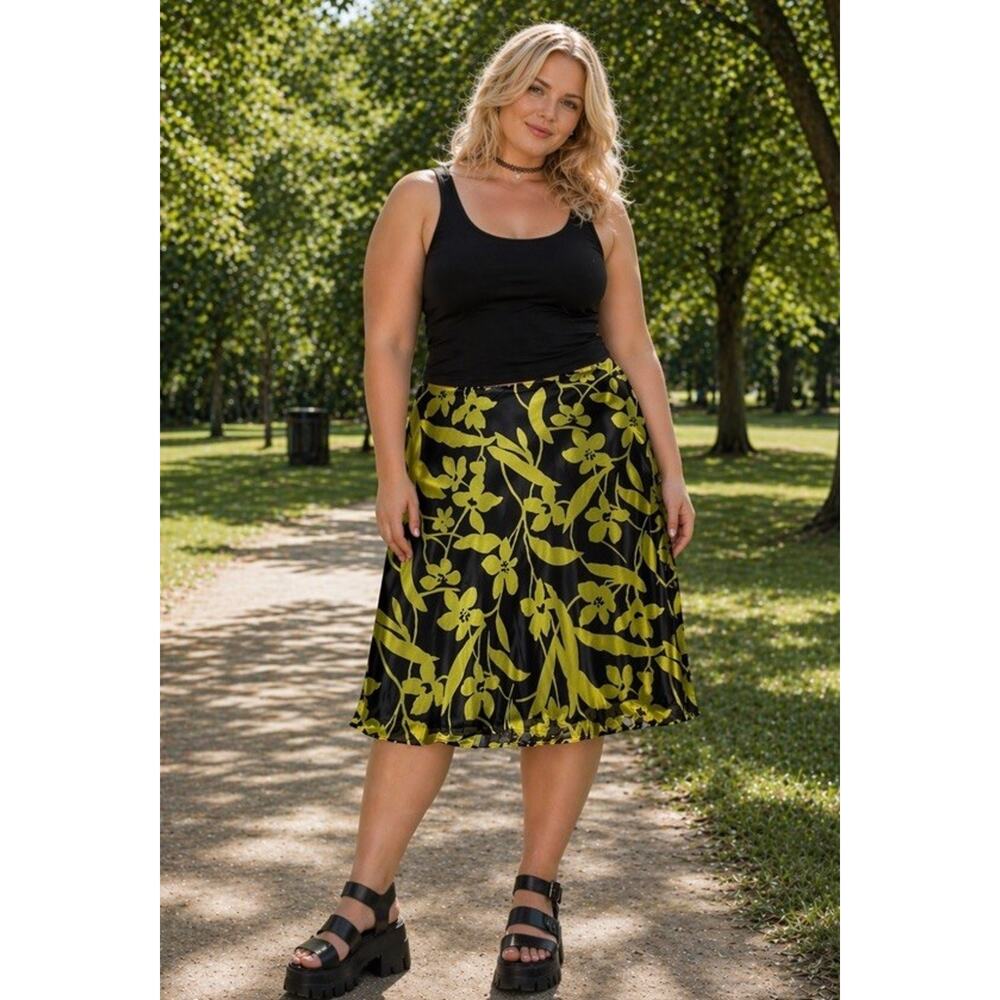 Vintage 90s Y2K Ice Skirt Women’s 14 16 1X Black & Green Tulip Floral Silk NWT